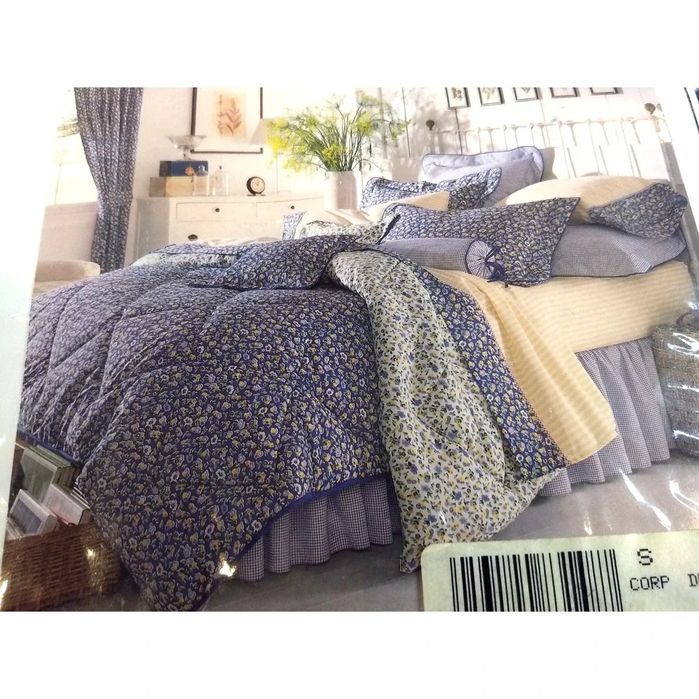 Laura Ashley Fabric Shower Curtain Floral Gingham Blue No Iron Washable Rare NEW